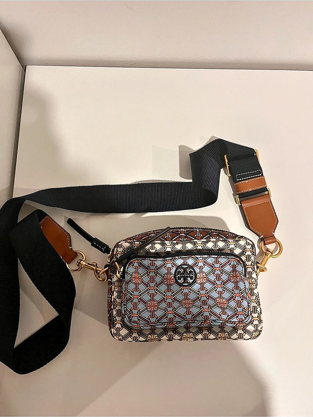 Tory Burch T Monogram Jacquard Camera Bag Brown & Blue